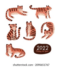 Set with abstract tiger bodies with gough textures. Symbol of 2022 new year. Print, greeting card, calendar, celebration typography poster template with cartoon style animal. Flat vector illustration.