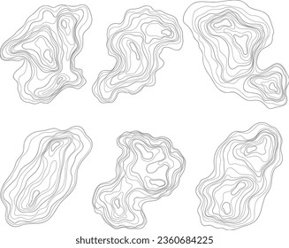 Conjunto de elementos de diseño de mapas topográficos abstractos. Concepto de mapa de contorno. Líneas onduladas dibujadas a mano.