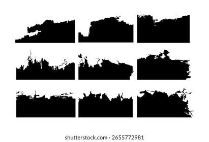 Set of abstract torn paper or ink edge silhouettes in grunge style. Perfect for scrapbooking, album design, flyers, digital art, and vintage graphic projects