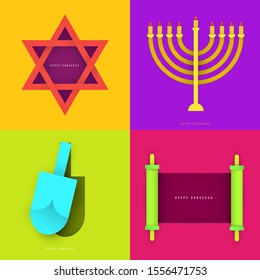 Set of abstract traditional elements for jewish holiday Hanukkah. Vector colorful equipment in cartoon paper cut style. Vector illustration. Star of David, menorah, dreidel, torah scroll.