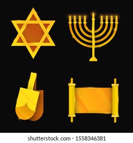 Set of abstract traditional elements for jewish holiday Hanukkah. Vector colorful equipment in cartoon paper cut style. Vector illustration. Star of David, menorah, dreidel, torah scroll.