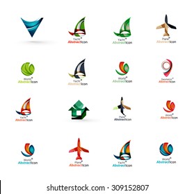 Set of abstract travel logo icons. Business, app or internet web symbols. Thin lines and colors with white