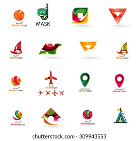 Set of abstract travel logo icons. Business, app or internet web symbols. Thin lines and colors with white