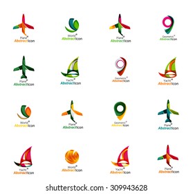 Set of abstract travel logo icons. Business, app or internet web symbols. Thin lines and colors with white