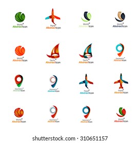 Set of abstract travel logo icons. Business, app or internet web symbols. Thin lines and colors with white