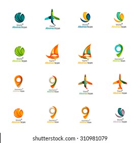 Set of abstract travel logo icons. Business, app or internet web symbols. Thin lines and colors with white