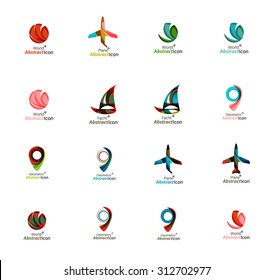 Set of abstract travel logo icons. Business, app or internet web symbols. Thin lines and colors with white