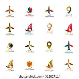 Set of abstract travel logo icons. Business, app or internet web symbols. Thin lines and colors with white