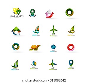 Set of abstract travel logo icons. Business, app or internet web symbols. Thin lines and colors with white