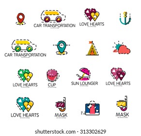 Set of abstract travel logo icons. Business, app or internet web symbols. Thin lines and colors with white