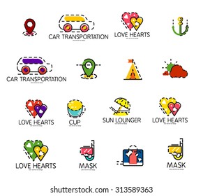 Set of abstract travel logo icons. Business, app or internet web symbols. Thin lines and colors with white