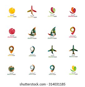 Set of abstract travel logo icons. Business, app or internet web symbols. Thin lines and colors with white
