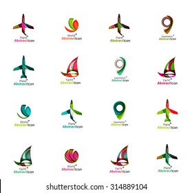 Set of abstract travel logo icons. Business, app or internet web symbols. Thin lines and colors with white