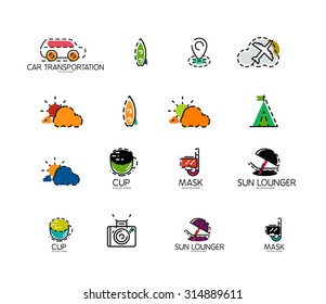 Set of abstract travel logo icons. Business, app or internet web symbols. Thin lines and colors with white