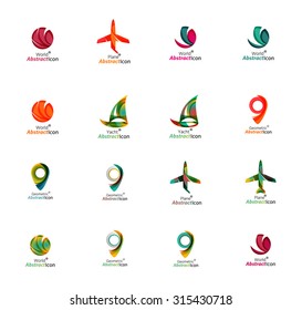 Set of abstract travel logo icons. Business, app or internet web symbols. Thin lines and colors with white