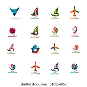 Set of abstract travel logo icons. Business, app or internet web symbols. Thin lines and colors with white