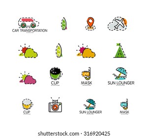 Set of abstract travel logo icons. Business, app or internet web symbols. Thin lines and colors with white