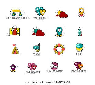 Set of abstract travel logo icons. Business, app or internet web symbols. Thin lines and colors with white