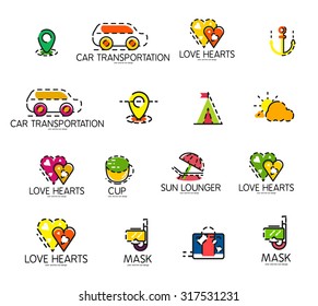Set of abstract travel logo icons. Business, app or internet web symbols. Thin lines and colors with white