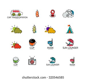Set of abstract travel logo icons. Business, app or internet web symbols. Thin lines and colors with white