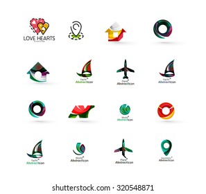 Set of abstract travel logo icons. Business, app or internet web symbols. Thin lines and colors with white