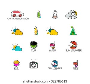 Set of abstract travel logo icons. Business, app or internet web symbols. Thin lines and colors with white