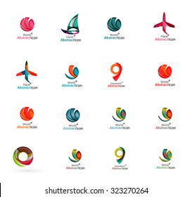 Set of abstract travel logo icons. Business, app or internet web symbols. Thin lines and colors with white