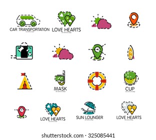 Set of abstract travel logo icons. Business, app or internet web symbols. Thin lines and colors with white