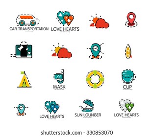 Set of abstract travel logo icons. Business, app or internet web symbols. Thin lines and colors with white