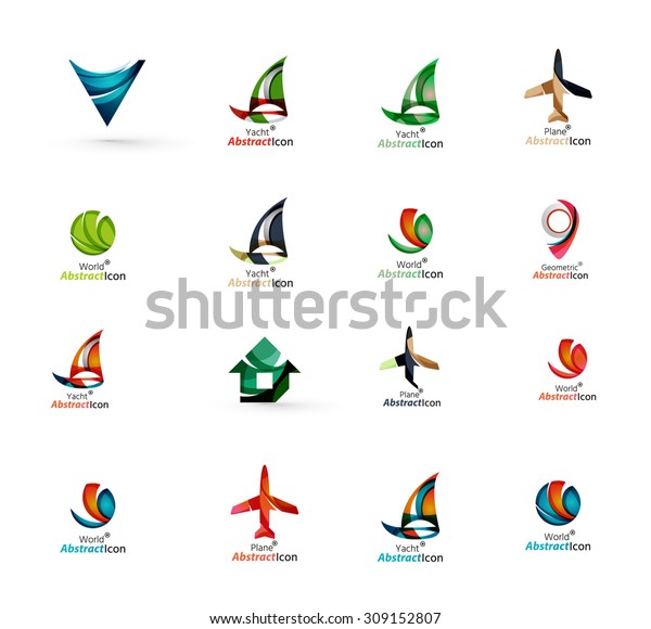 Set of abstract\
travel logo icons. Business, app or internet web symbols. Thin\
lines and colors with\
white
