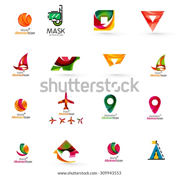 Set of abstract\
travel logo icons. Business, app or internet web symbols. Thin\
lines and colors with\
white