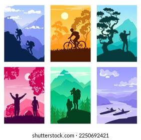 Set of abstract travel posters with people silhouettes. Tourism banner collection: hike and climb in the mountains, ride a bicycle, and row on kayaks. Active outdoor lifestyle vector backgrounds.