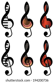 set of abstract treble clefs from piano keys, guitar and violin