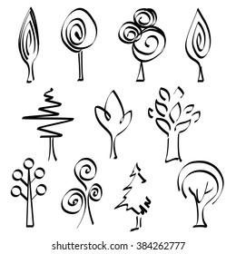 Set of abstract tree logos. Hand drawn sketch trees. Doodle abstract tribal tree emblems.