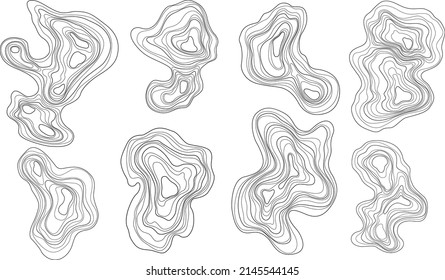 Set of abstract tree rings. Vector topographic map design elements. Contour map concept. Thin wavy lines.