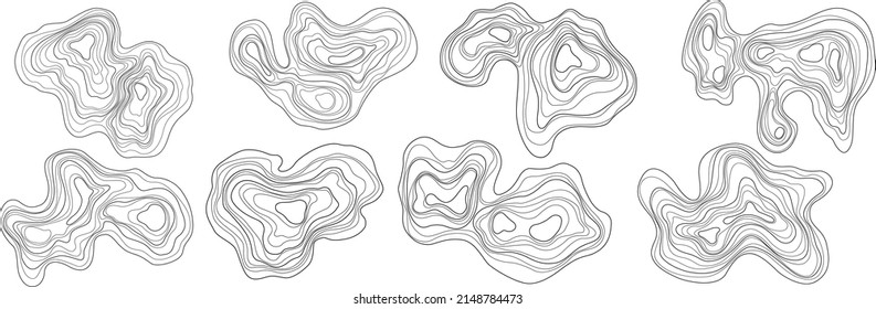 Set of abstract tree rings. Vector topographic map design elements. Contour map concept. Thin wavy lines.