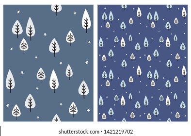 Set of Abstract Tree Vector Seamless Patterns.White and Gray Trees Isolated on a Dark Blue Background. White Star Among Trees.Simple Infantile Woodland Illustrations for Fabric, Card, Wrapping Paper.
