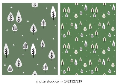 Set of Abstract Tree Vector Seamless Patterns.White and Gray Trees Isolated on a Green Background. White Star Among Trees.Simple Infantile Woodland Illustrations for Fabric, Card, Wrapping Paper.