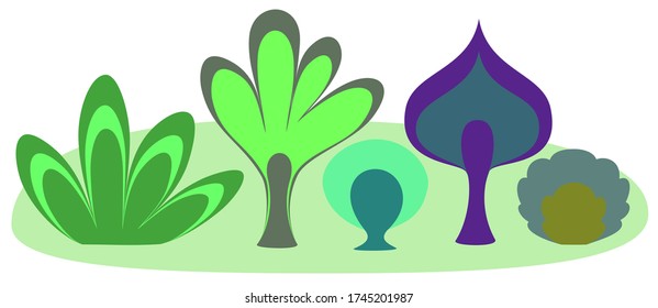 Set of abstract trees and bushes on a light background. A collection of plant patterns for your design. EPS10 vector illustration