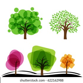 Set of abstract trees. Trees with circles and squares. Vector illustration of  garden with fruit abstract  trees.