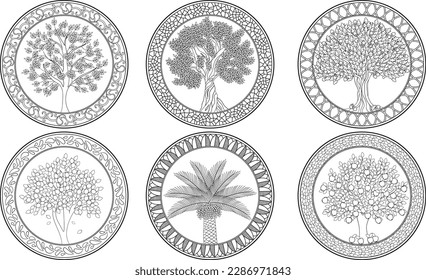 Set of abstract trees for design element and adult coloring book. Vector illustration