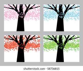 set of abstract trees, in four seasons colors: pink, orange, green and blue