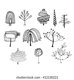set of abstract trees. Handmade ink abstract, art,