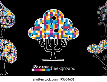 Set of abstract trees on black backfround . Vector.
