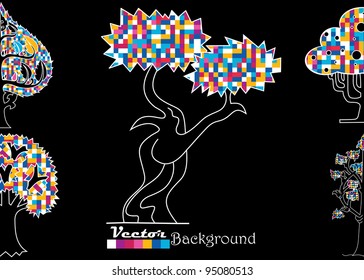 Set of abstract trees on black backfround . Vector.
