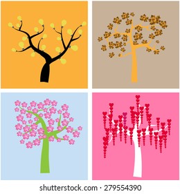 Set of abstract trees on colored backgrounds. Vector illustration