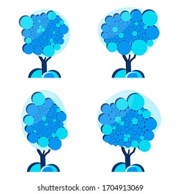 Set of abstract trees on a white background. Many colored circles form the shape of lush foliage. Vector illustration