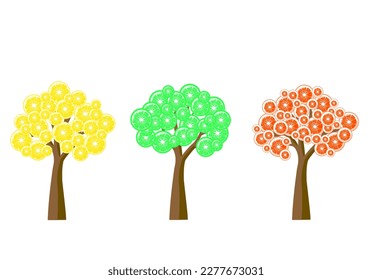 Set abstract trees with orange, lime, lemon slices. For posters, logos, labels, banners, stickers, product packaging design, etc. Vector illustration.