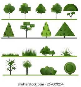 Set of abstract trees, shrubs, grass on a white background. Vector illustration.
