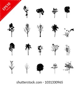 Set of abstract trees silhouettes on white background with a realistic,black tree